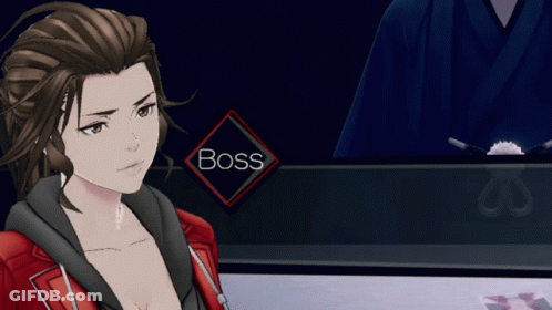 A Woman In A Red Jacket Stands In Front Of A Boss Button GIF