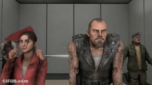 A Woman In A Red Jacket Stands Next To A Man In A Leather Jacket GIF
