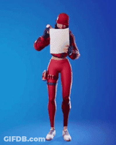A Woman In A Red Outfit Is Holding A Card With A Heart On It In Front Of Her Face . GIF