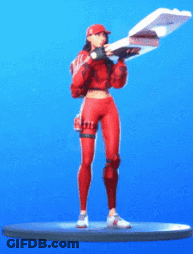 A Woman In A Red Outfit Is Holding A Pizza In Her Hands GIF