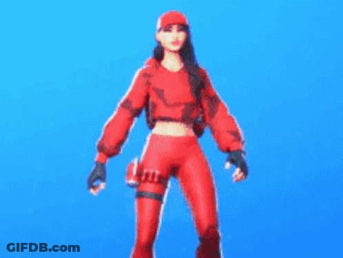 A Woman In A Red Outfit Is Standing In Front Of A Blue Background And Pointing Up . GIF