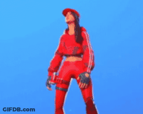 A Woman In A Red Outfit Is Standing In Front Of A Blue Background . GIF