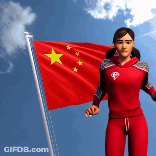 A Woman In A Red Outfit Is Standing In Front Of A Flag GIF
