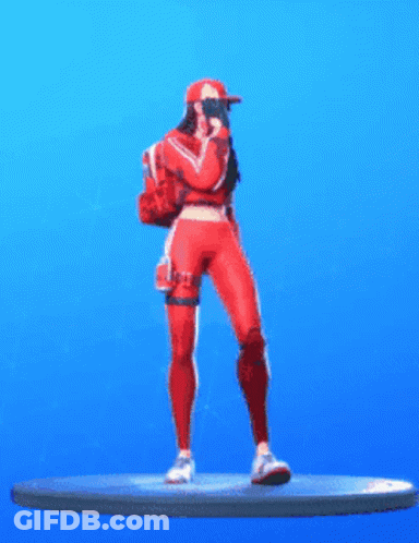 A Woman In A Red Outfit Is Standing On A Blue Background Holding A Gun And Pointing . GIF