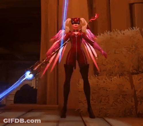 A Woman In A Red Outfit With Pink Wings Is Holding A Blue Sword GIF
