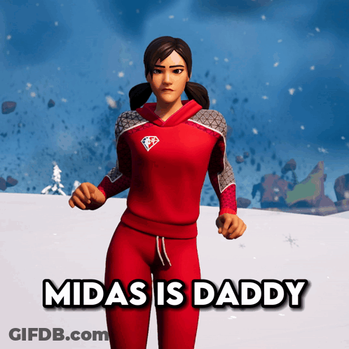 A Woman In A Red Outfit With The Words Midas Is Daddy GIF