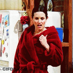 Woman In Red Robe Standing In Front Of Fridge GIF