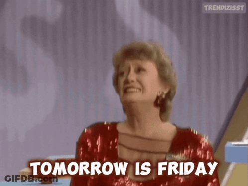 A Woman In A Red Sequined Dress Is Laughing And Saying Tomorrow Is Friday GIF
