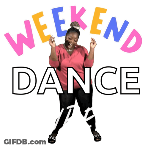 A Woman In A Red Shirt Is Dancing In Front Of The Words Weekend Dance GIF
