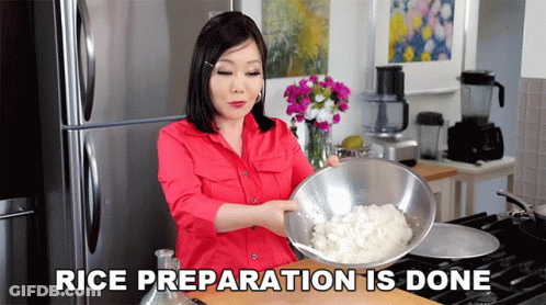 A Woman In A Red Shirt Is Holding A Bowl Of Rice With The Words Rice Preparation Is Done Above Her GIF
