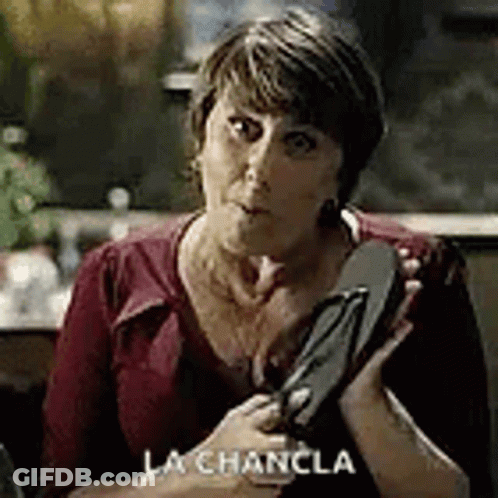A Woman In A Red Shirt Is Holding A Pair Of Flip Flops . GIF