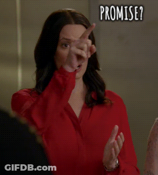 A Woman In A Red Shirt Is Pointing At The Camera With The Words Promise Written On The Bottom GIF