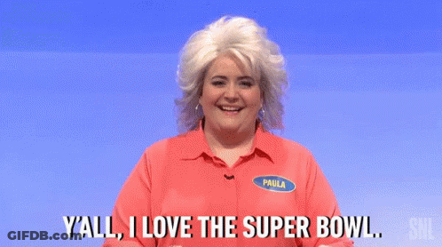 A Woman In A Red Shirt Is Saying Y'all I Love The Super Bowl . GIF