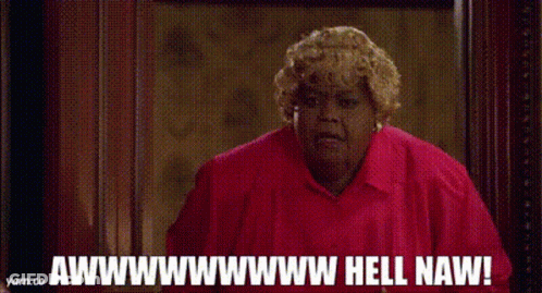A Woman In A Red Shirt Is Standing In Front Of A Window And Saying Awwwwww Hell Naw . GIF