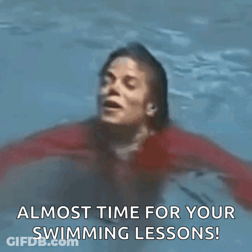 A Woman In A Red Shirt Is Swimming In A Pool With The Words Almost Time For Your Swimming Lessons . GIF
