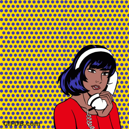 A Woman In A Red Shirt Is Talking On A White Phone GIF