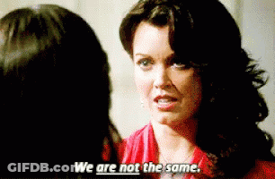 A Woman In A Red Shirt Is Talking To Another Woman And Says " We Are Not The Same " GIF