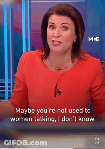 A Woman In A Red Shirt Says " Maybe You 'Re Not Used To Women Talking " GIF