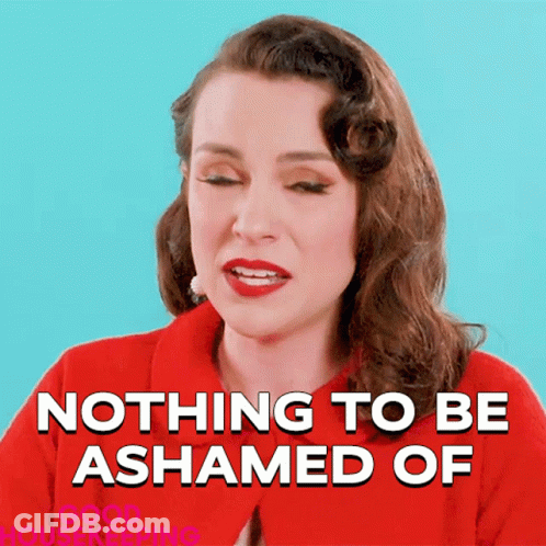 A Woman In A Red Shirt Says Nothing To Be Ashamed Of On A Blue Background GIF