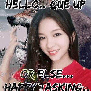 A Woman In A Red Shirt With A Wolf In The Background GIF