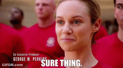 A Woman In A Red Shirt With George W. Perkins Sure Thing On The Bottom GIF