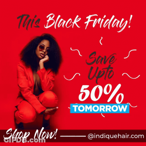 A Woman In A Red Suit Sits On A Red Background Advertising Black Friday GIF