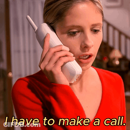 A Woman In A Red Sweater Is Talking On A Cell Phone With The Words I Have To Make A Call Below Her GIF