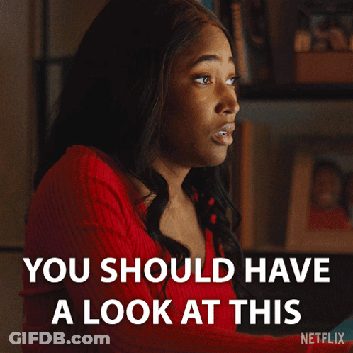 A Woman In A Red Sweater Says " You Should Have A Look At This " On Netflix GIF