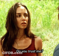 A Woman In A Red Tank Top Is Asking A Man If He Trusts Her . GIF