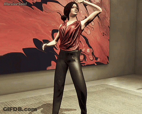 A Woman In A Red Top And Black Pants Is Standing In Front Of A Painting By Illustratesoul GIF