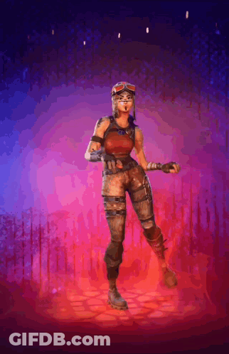 A Woman In A Red Top And Brown Pants Is Standing In Front Of A Purple And Red Background . GIF