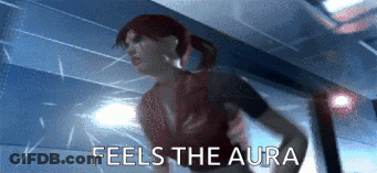 A Woman In A Red Top Is Running With The Words Feels The Aura Below Her GIF
