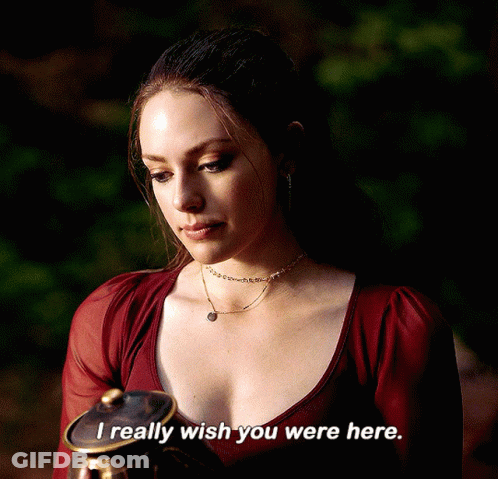 A Woman In A Red Top Says " I Really Wish You Were Here " While Holding A Pot GIF