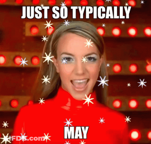 A Woman In A Red Turtleneck Is Surrounded By Snowflakes And Says Just So Typically May GIF