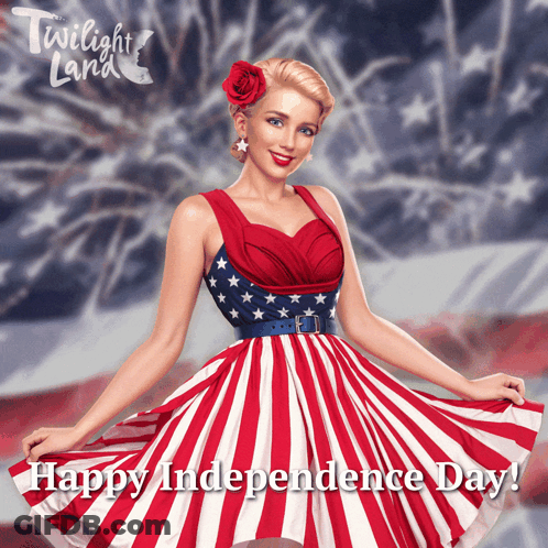 A Woman In A Red White And Blue Dress With The Words Happy Independence Day On The Bottom GIF