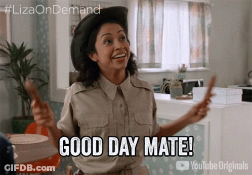 A Woman In A Safari Outfit Is Holding A Stick And Saying Good Day Mate GIF