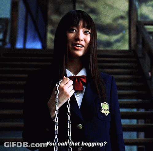 A Woman In A School Uniform Is Holding A Chain And Asking If She Can Call That Begging GIF