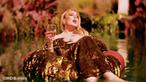 A Woman In A Sequined Dress Is Sitting On A Raft In The Water Holding A Glass Of Wine . GIF