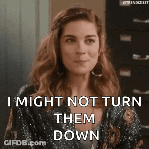 A Woman In A Sequined Jacket Is Saying I Might Not Turn Them Down . GIF