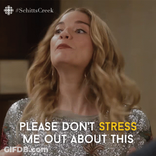 A Woman In A Sequined Top Says " Please Don 'T Stress Me Out About This " GIF
