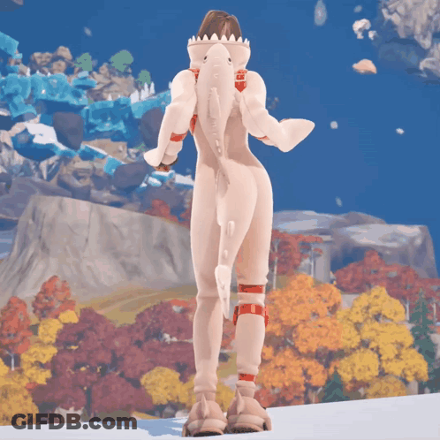 A Woman In A Shark Costume Stands In Front Of A Mountain GIF