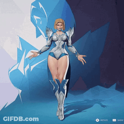 A Woman In A Silver And Blue Outfit Is Standing In Front Of A Blue And White Background With The Words Rotate And Show B GIF