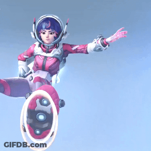 A Woman In A Space Suit Is Flying Through The Air With Her Arms Outstretched GIF