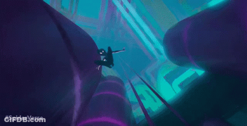 A Woman In A Spider-Man Costume Is Dancing In A Purple Room . GIF