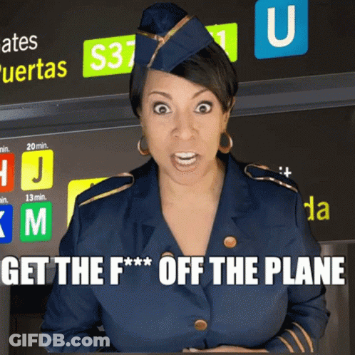 A Woman In A Stewardess Uniform Says Get The F * * Off The Plane GIF