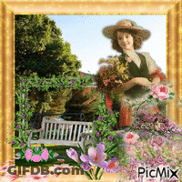 A Woman In A Straw Hat Is Surrounded By Pink Flowers GIF