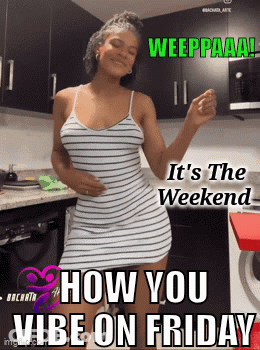 A Woman In A Striped Dress Is Dancing In A Kitchen With The Words " How You Vibe On Friday " GIF
