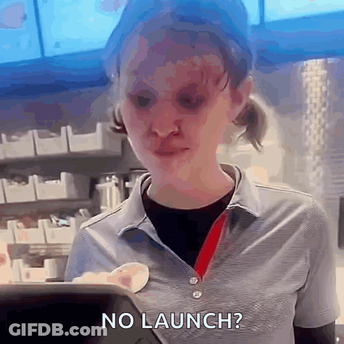 A Woman In A Striped Shirt Is Asking If There Is No Launch GIF