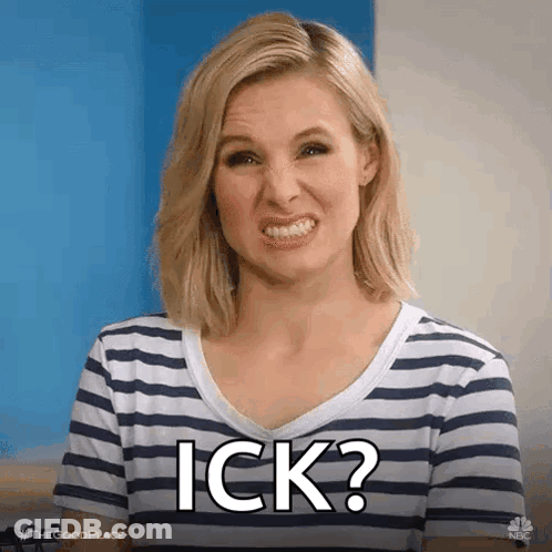 A Woman In A Striped Shirt Is Making A Face And Saying Ick . GIF