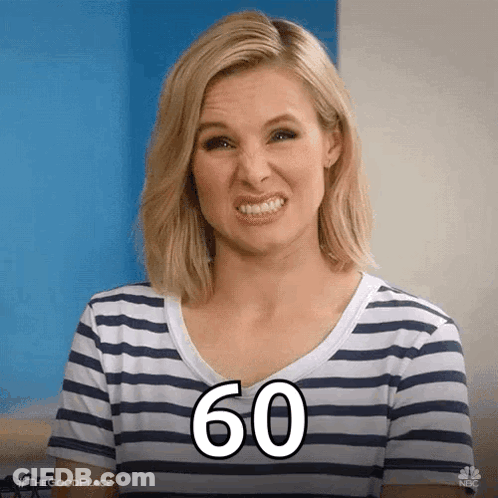 A Woman In A Striped Shirt Is Making A Funny Face With The Number 60 Written On Her Face . GIF